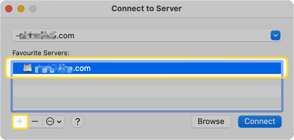 The [+] button is shown on the Connect to Server pop-up window