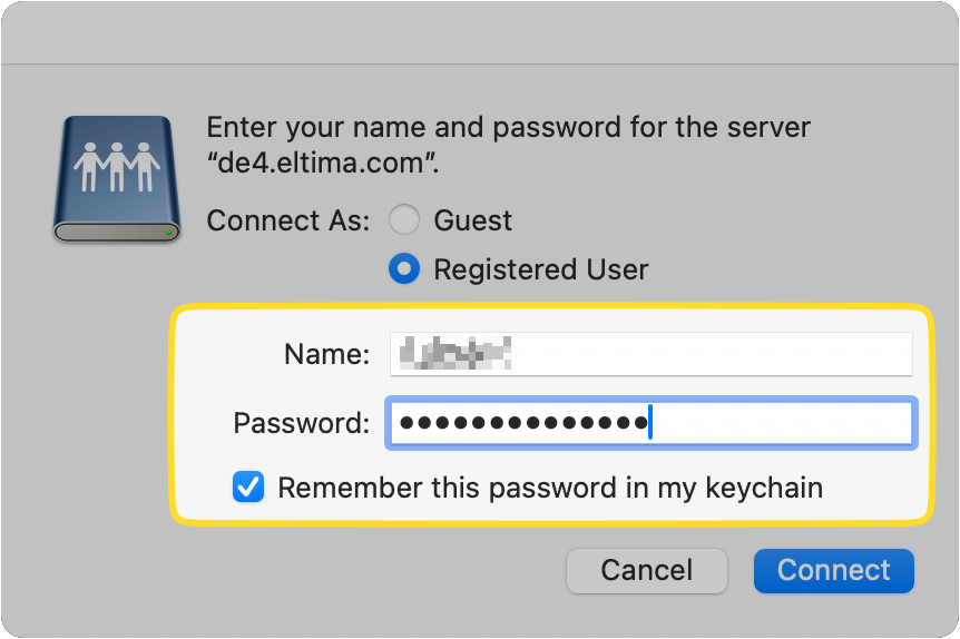 Username and password fields are shown