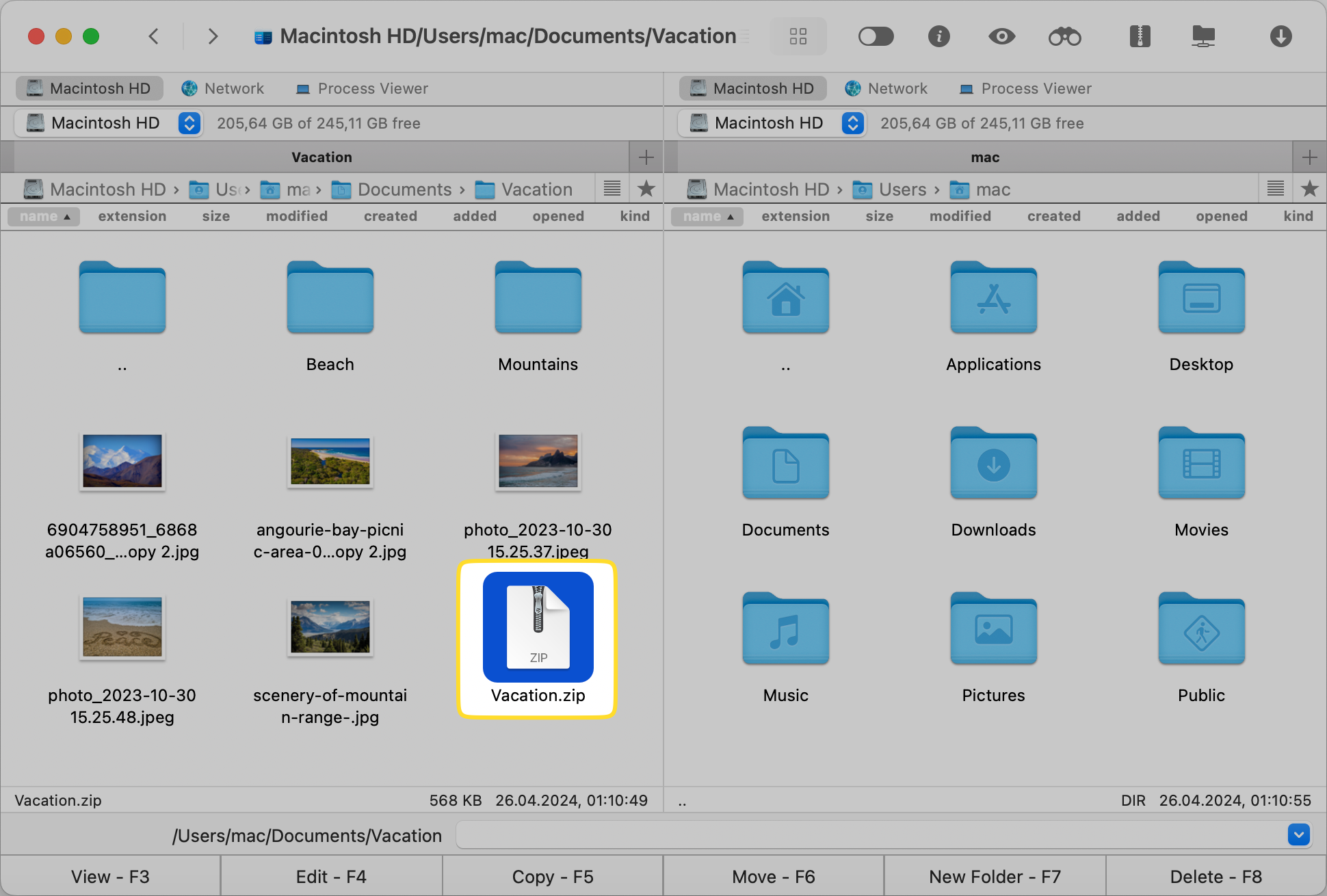 A .zip file is highlighted in the left pane of the Commander One app