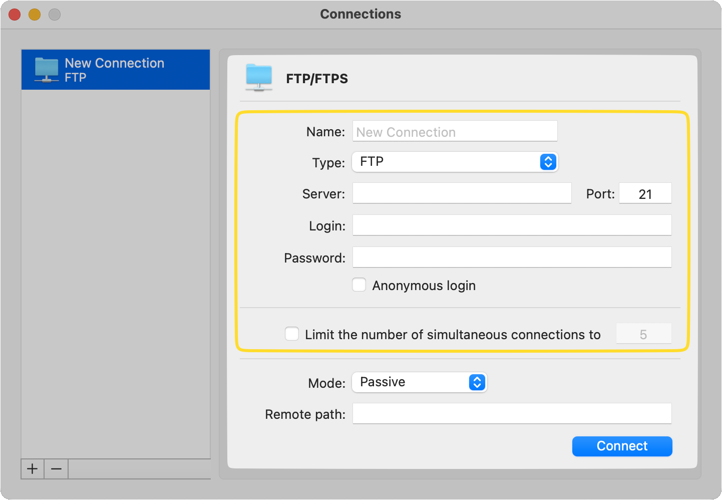 The FTP/FTPS Connection's pop-up window