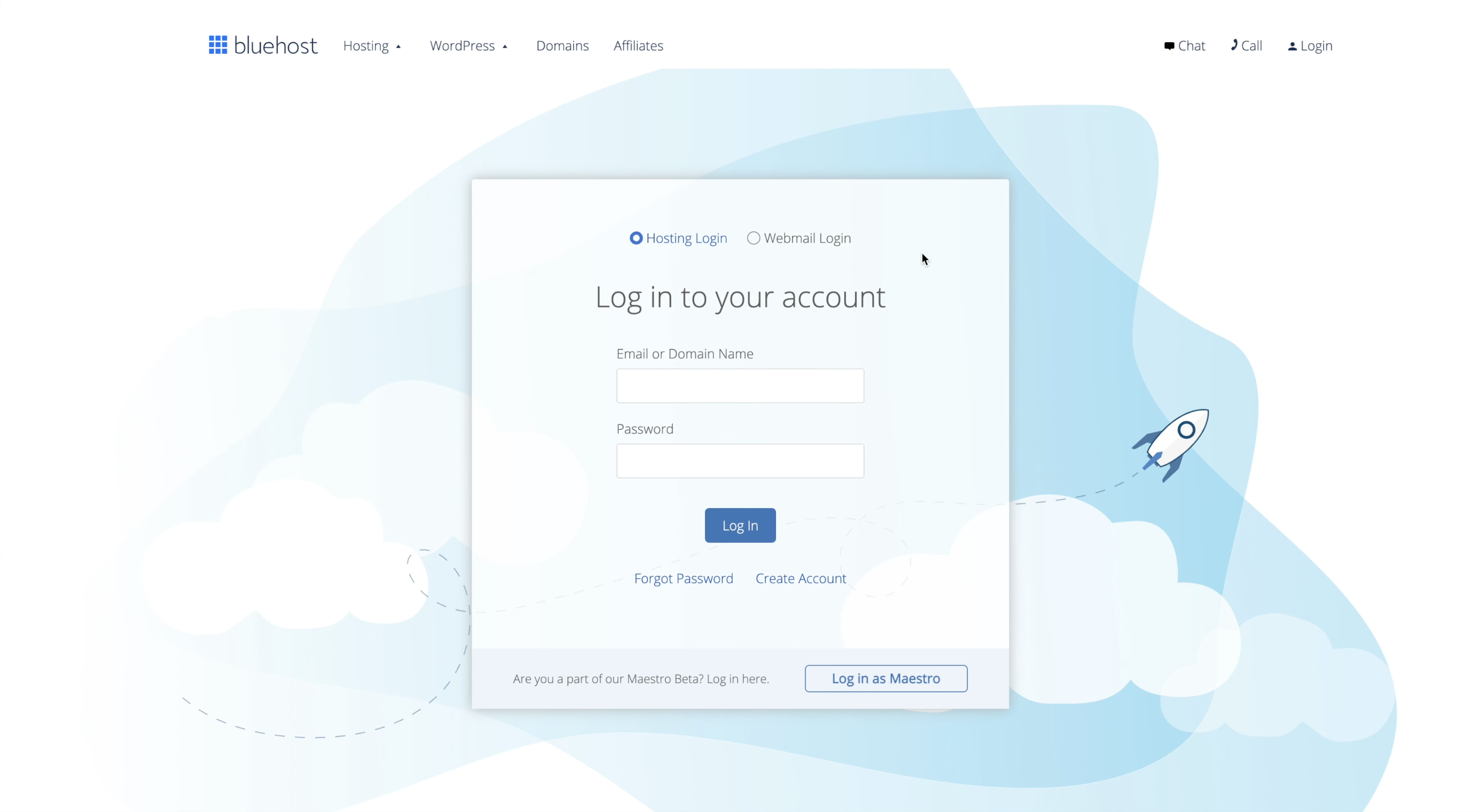 The Log in to your Bluehost account pop-up window is shown