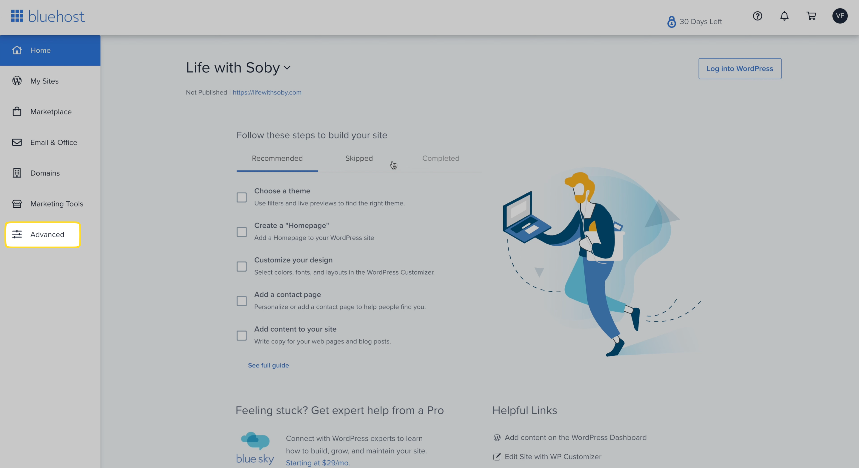 The control panel in Bluehost account