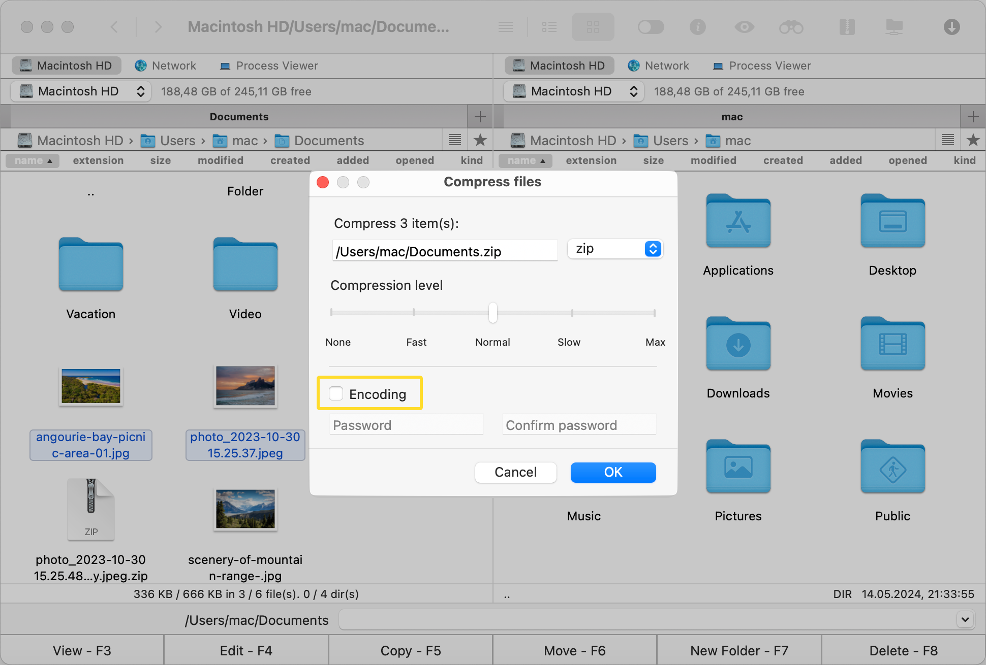 The Encoding feature of the Compress files pop-up menu is highlighted