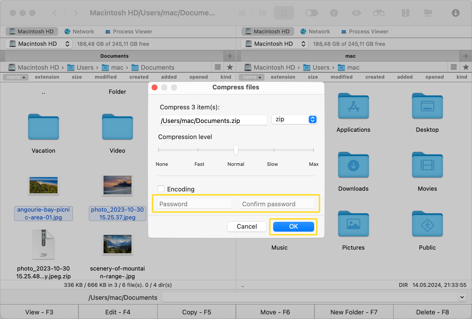 Fields for entering and confirming the password are highlighted