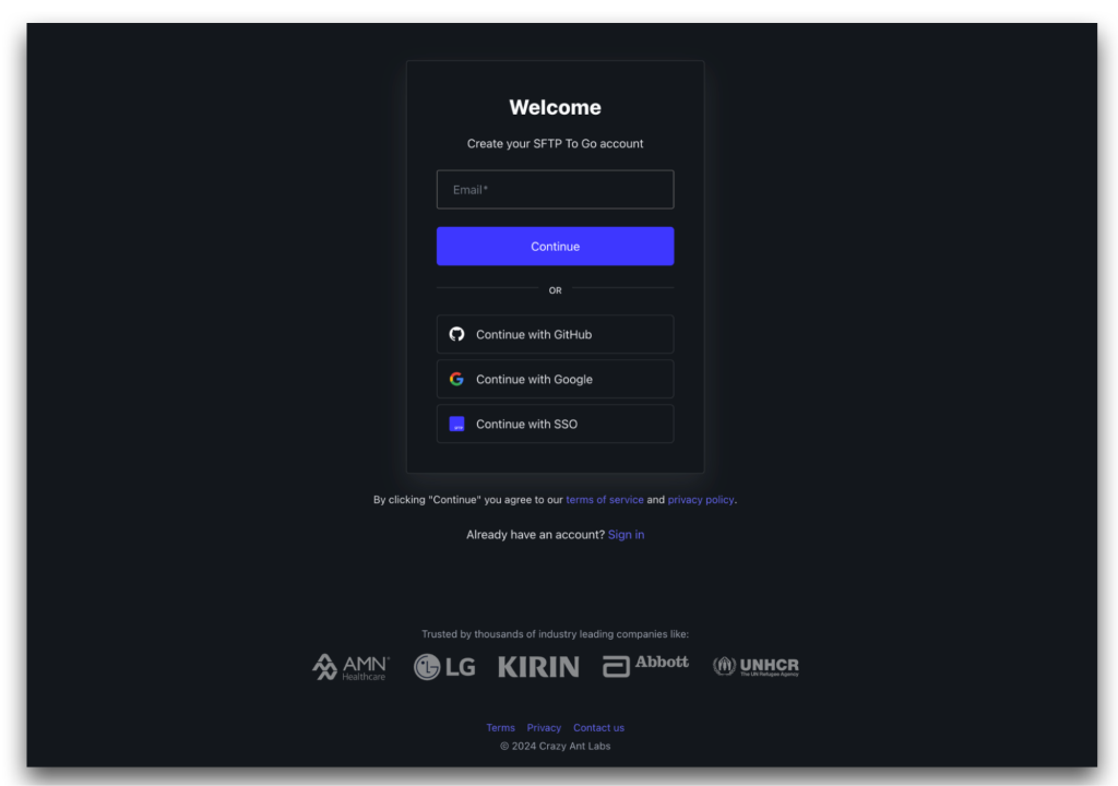 Create your SFTP To Go account