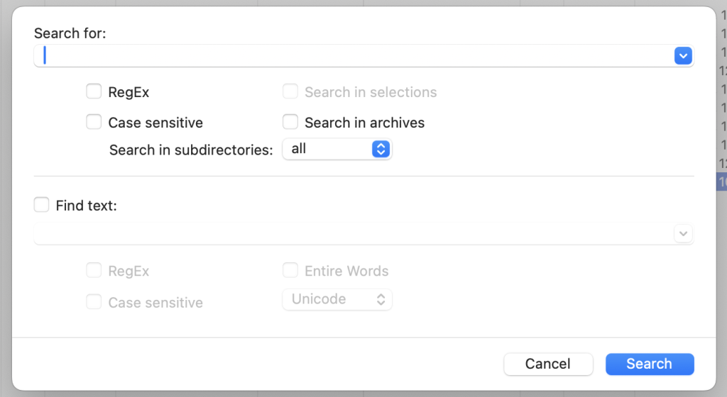 The advanced search feature of Commander One