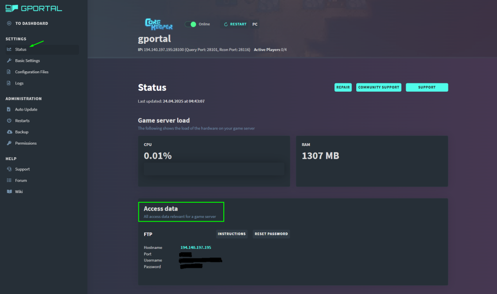 The FTP login details in hosting panel
