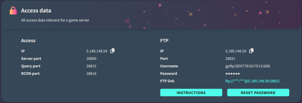 The FTP data of game server on hosting panel