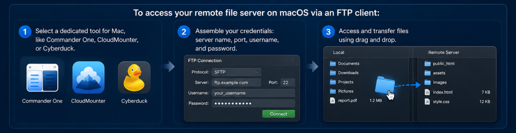 Access remote file servers with FTP client on macOS